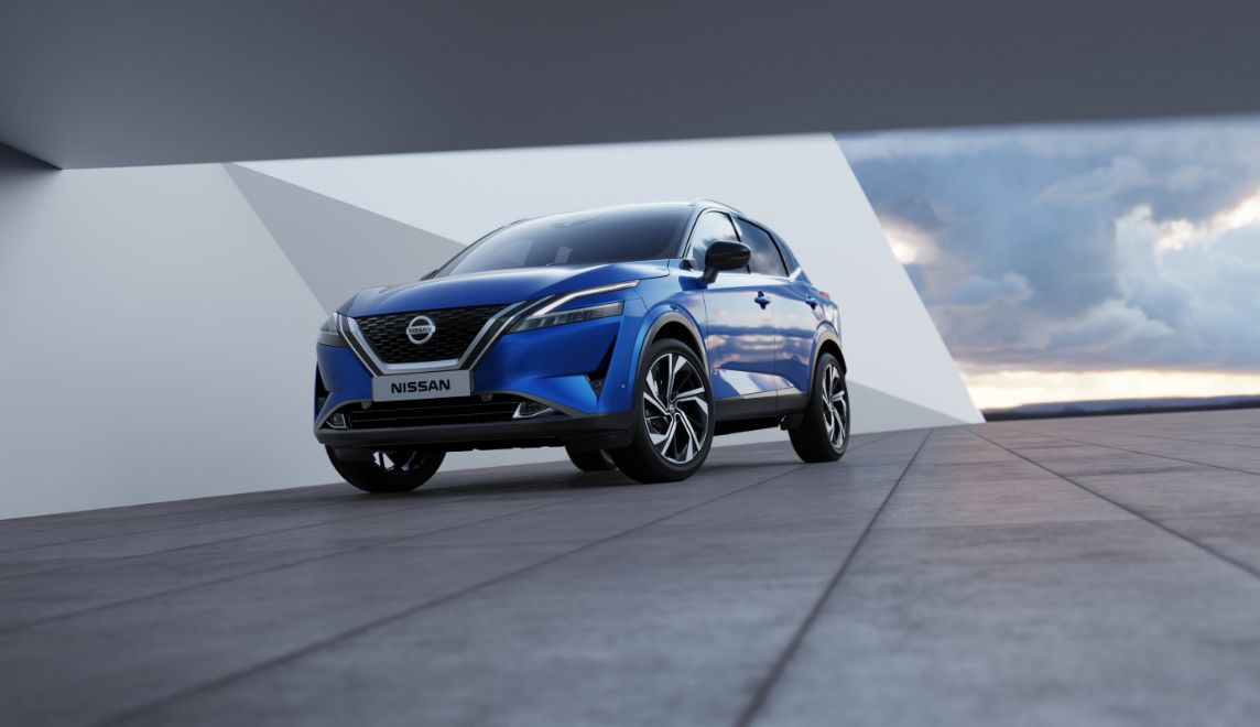 Blue Nissan Qashqai in a front three-quarter manufacturer studio view