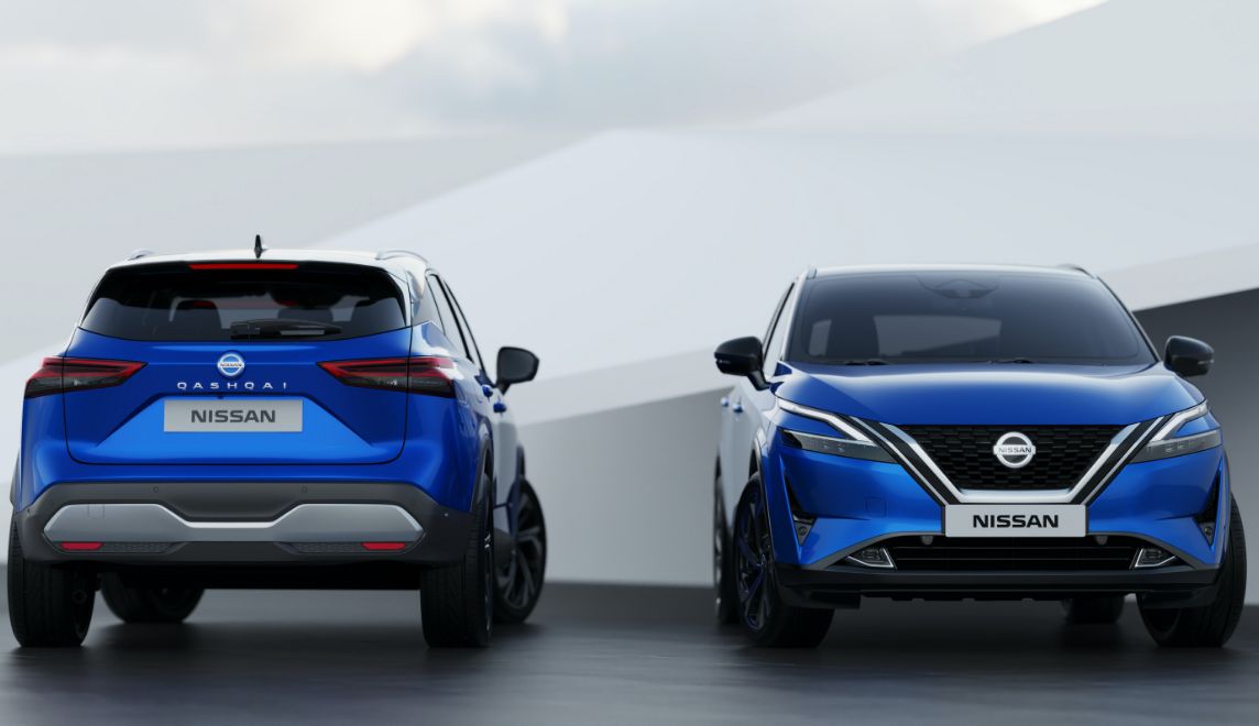 Front and rear views of a blue Nissan Qashqai in a manufacturer studio